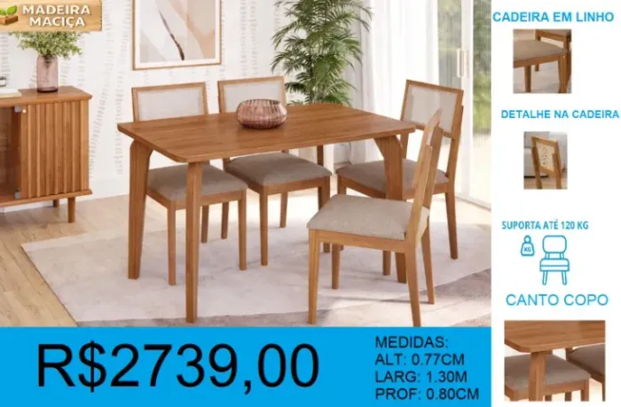 Mesa madeira maciça com 4 cadeiras - entrega grátis
