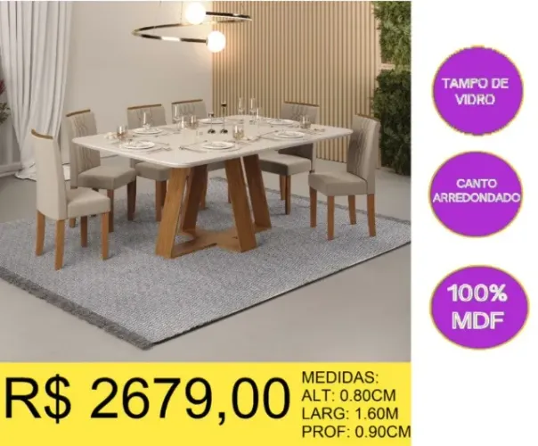 MESA 6 CADEIRA TAMPO DE VIDRO 100% MDF