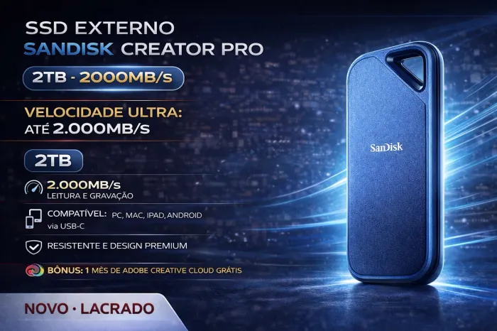 SSD Externo SanDisk Creator Pro 2TB 2000MB/s USB-C Novo Lacrado