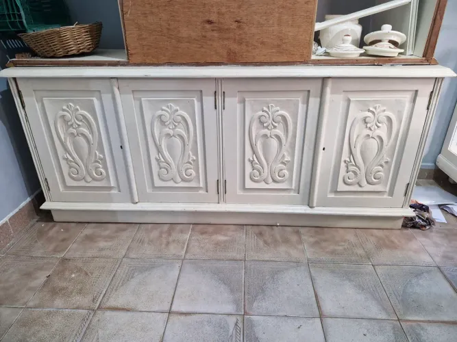 APARADOR 185x75 , BALCÃO BUFFET GRANDE DE MADEIRA ANTIGO PINTADO DE BRANCO