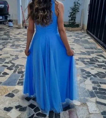 Vestido gola tule trabalhado / vestido azul serenity / vestido madrinha ou formatura