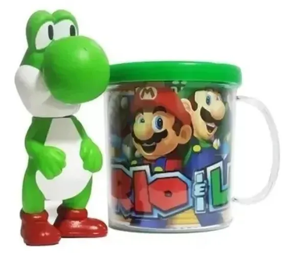 Boneco Yoshi Super Mario Bros Com Caneca Personalizada 12 Cm