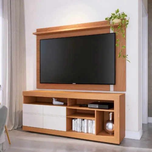 Conjunto Inaja Com Painel Leme Off white Freijó Para Tv Até 65 Polegadas - Em Oferta 