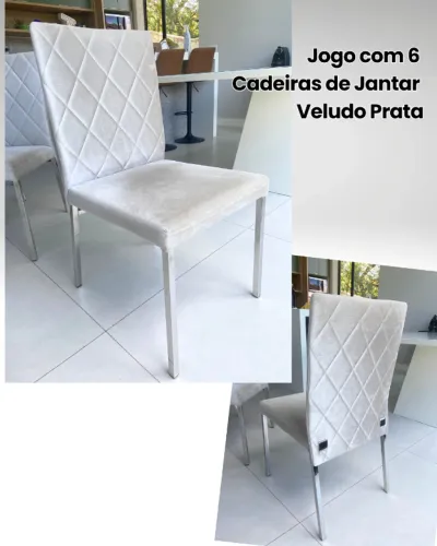 Jogo com 6 Cadeiras de Jantar - Veludo Prata e Pés Cromados