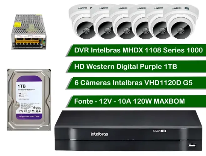 DVR Intelbras MHDX-1108 + HD WD Purple 1TB + 6 Cameras Intelbras + Fonte