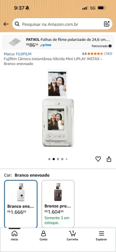 Fujifilm Câmera instantânea híbrida Mini LIPLAY INSTAX - Branco enevoado
