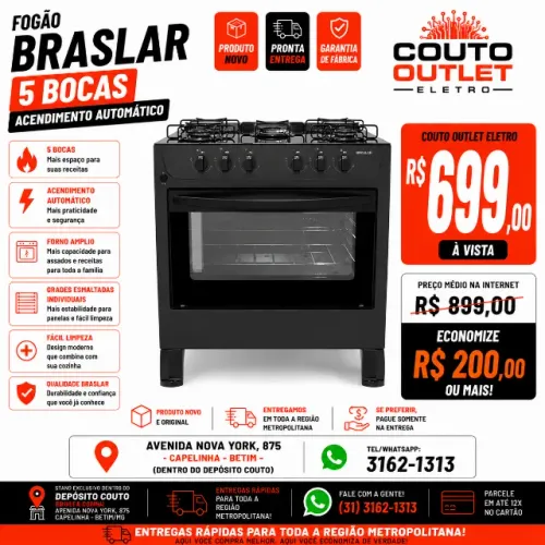 FOGÃO 5 BOCAS BRASLAR NEW SIRIUS  (NOVO) ACENDIMENTO AUTOMÁTICO - MAIS BARATO DA INTERNET 