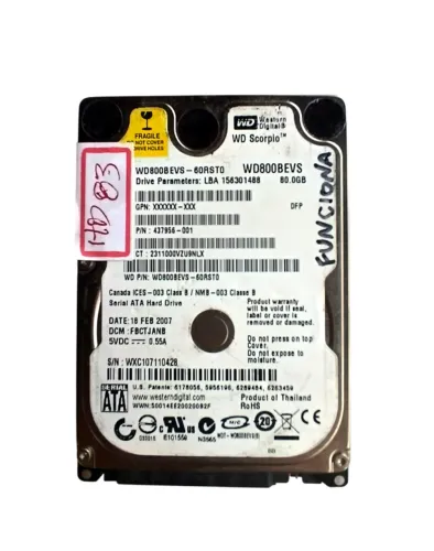 WINCHESTER HD WESTERN DIGITAL WD800BEVS 80GB HD83