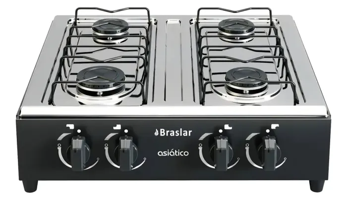 Fogão Cooktop de Mesa Portátil c/ Mesa Inox 4 Bocas Á gás Acendimento Manual Braslar Preto
