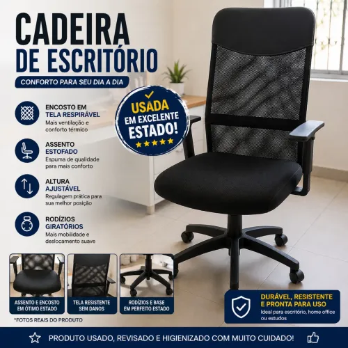 Cadeira de Escritório Ergonômica Tela Mesh Preta - Excelente Estado