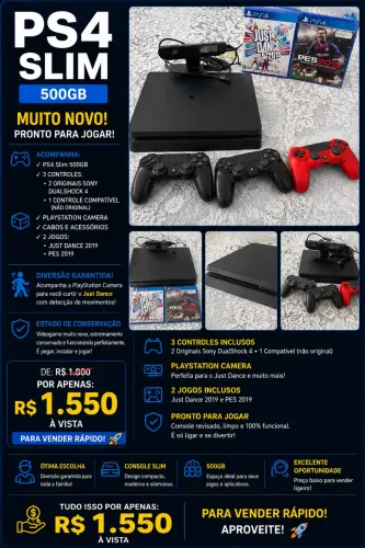 PS4 Slim 500GB + 3 Controles + Câmera + 2 Jogos - R$ 1.550