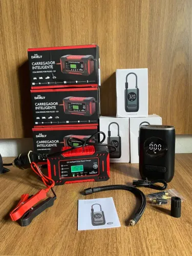 Kit automotivo 2 em 1- Carregador de bateria+ Calibrador de pneus portátil 