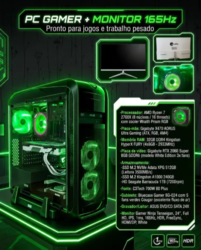 PC GAMER + MONITOR 24" 165Hz - RYZEN 7 - RTX 2060 SUPER 8GB - 32GB RAM DDR4