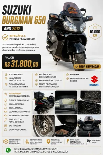 Burgman 650 muito bem cuidada, revisada, completa e pronta para viajar.
