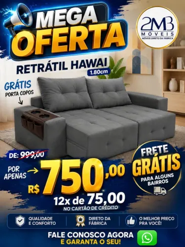 Mega oferta sofá retrátil Hawai grátis um porta copos. Frete grátis para alguns Bairros.