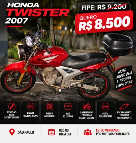 Honda CBX 250 Twister 2007 Revisada | R$ 8.500 | Aceito Troca por Carro