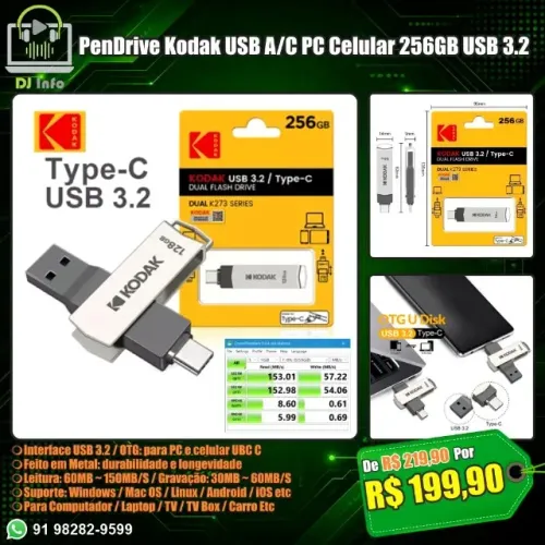 PenDrive Kodak USB A/C PC Celular 256GB USB 3.2