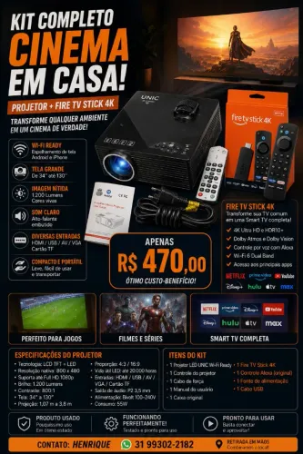? KIT CINEMA EM CASA - Mini Projetor LED UNIC Wi-Fi Ready + Amazon Fire TV Stick 4K 