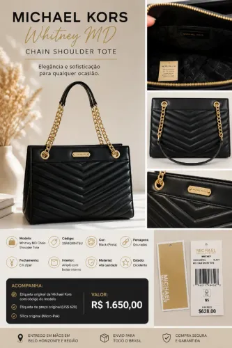 Bolsa Michael Kors Whitney MD Original Preta com Corrente Dourada
