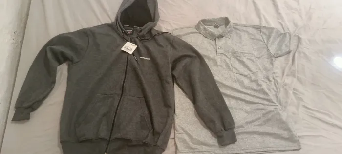 Moletom cinza com capuz e zíper + camisa pólo cinza manga curta roupa masculina nova 50rs