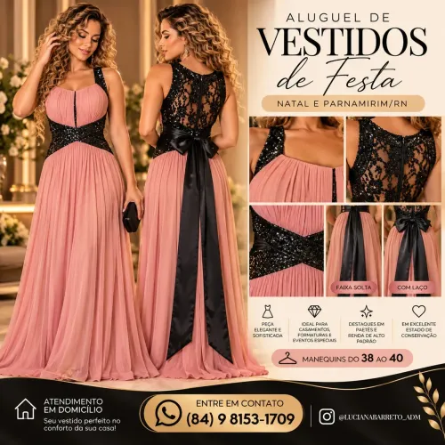 Aluguel de Vestido Longo Rosa Antigo e Preto - Festa e Formatura