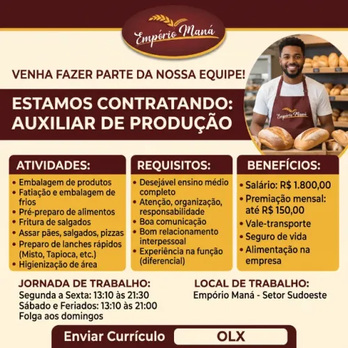 Auxiliar de produção - Padaria - Setor Sudoeste