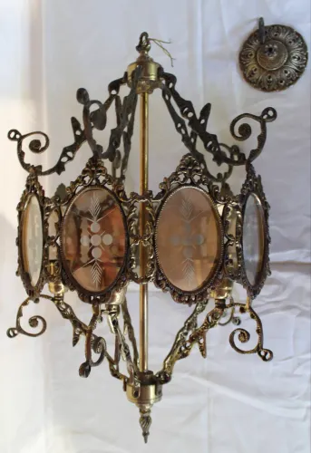 Lustre pendente em bronze e vidro âmbar lapidado antiguidade 5 lâmpadas