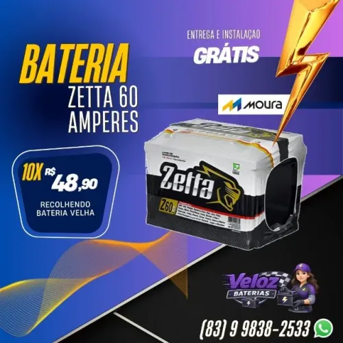 Bateria Zetta 60 ah 18 meses de garantia - Fabricação Moura