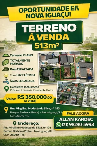 Vendo terreno 513m², plano. Bairro: Prata, Nova Iguaçu/RJ.