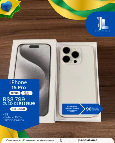 IPHONE 15 PRO, 5G, 128GB, CHIP ESIM, TITÂNIO BRANCO, SEMINOVO , EXCLUSIVO!