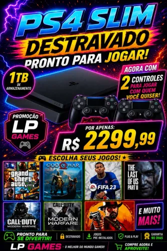 Ps4 slim 1tb 2 controles DESTRAVADO COM JOGOS A SUA ESCOLHA + GARANTIA 
