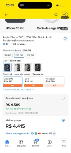 Pra vender iPhone 15 Pro 256 GB