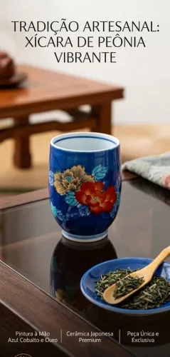 Copo de chá japonês Yunomi em porcelana azul e peônias. Tradição e elegância!