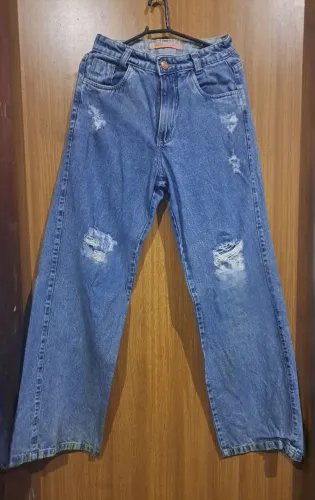 Calça jeans wide legítimo destroyed lavagem azul tamanho 40
