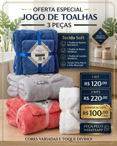 Kits com toalha de rosto, mão e banhão.