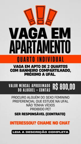 DIVIDIR APARTAMENTO PRÓXIMO A UFAL COM MENINAS QUE ESTUDEM NA UFAL