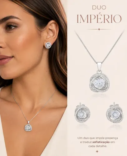 Duo Imperio Ródio Branco - Círculos Entrelaçados Zircônia | Kit Presente Celestini