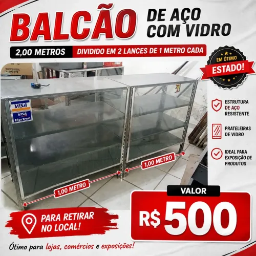 Balcão de aço com vidro 2 metros com dois módulos de 1 metro.