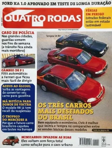 Revista Quatro Rodas - Vectra x Tempra x Civic 1998, Ferrari 355 com pôster