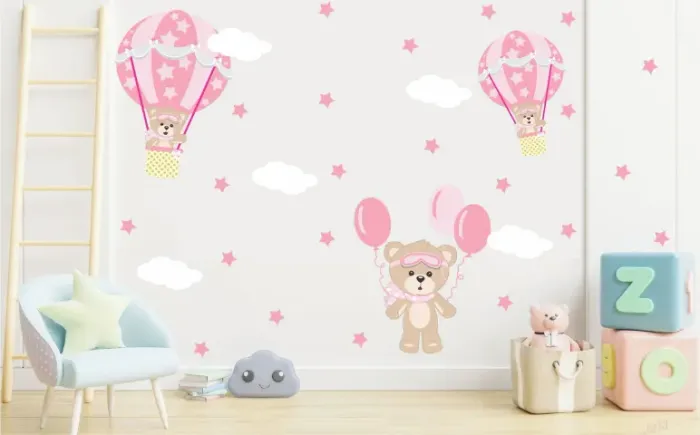 Adesivo Decorativo de Parede Infantil Ursinha Balão Rosa Menina bebê