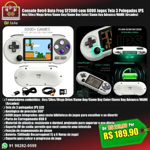 Console Retrô DataFrog SF2000 6000 Jogos Tela 3 Polegadas IPS Nes/SNes/Mega Drive/GB/GBC