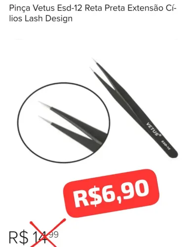 Pinça Vetus Esd-12 Reta Preta Extensão Cílios