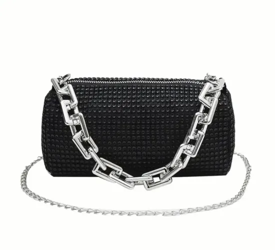 Bolsa Retrô de Noite. Preta, com Alça de Corrente Transversal Multi-Via