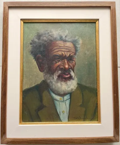 Pintura óleo sobre tela representando ancião.