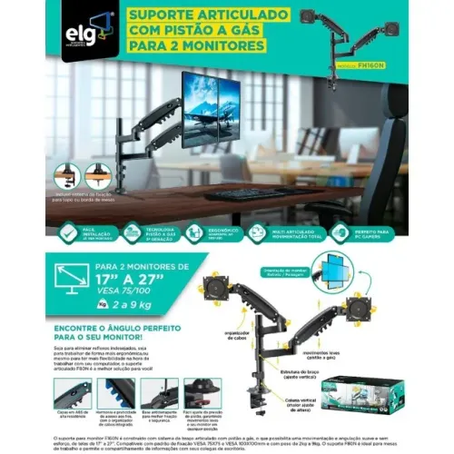 Suporte Articulado ELG FH160N 2 Monitores 17 a 27 Pistão a Gás