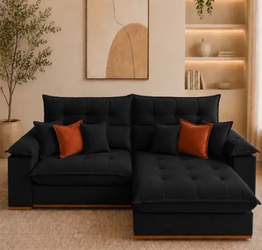 Sofá Retrátil e Reclinável Confort Max 2,50 m Veludo Preto