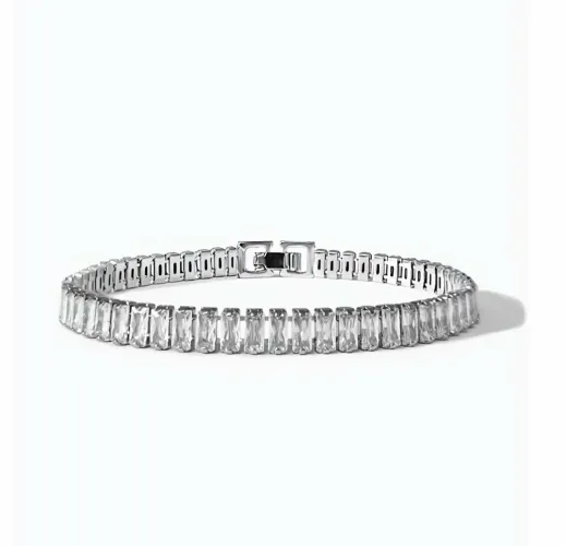 Pulseira Bracelete Riviera Prata Baquete 6mm unissex aço
