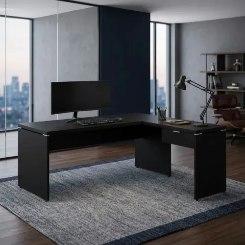 Mesa Escritório em L Pé Painel Preto Ampla Profissional Sem Gavetas 26013