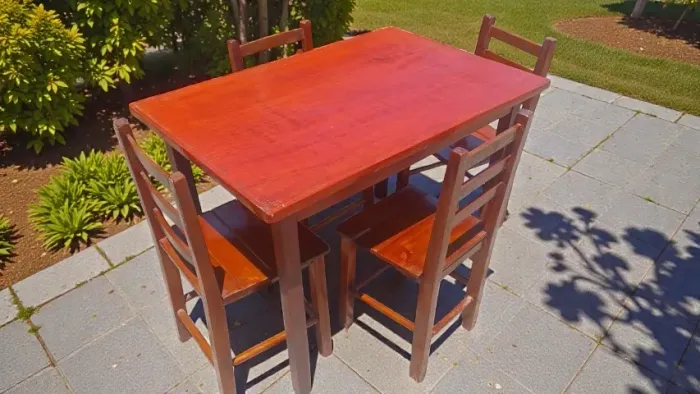 Mesa de eucalipto, 1,10, mogno, com 4 cadeiras, em bom estado.