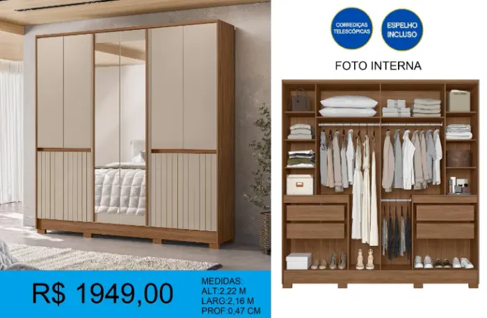 GUARDA- ROUPA - ESPELHO INCLUSO - CORREDOÇAS TELESCÓPICAS- TEMOS PRONTA ENTREGA